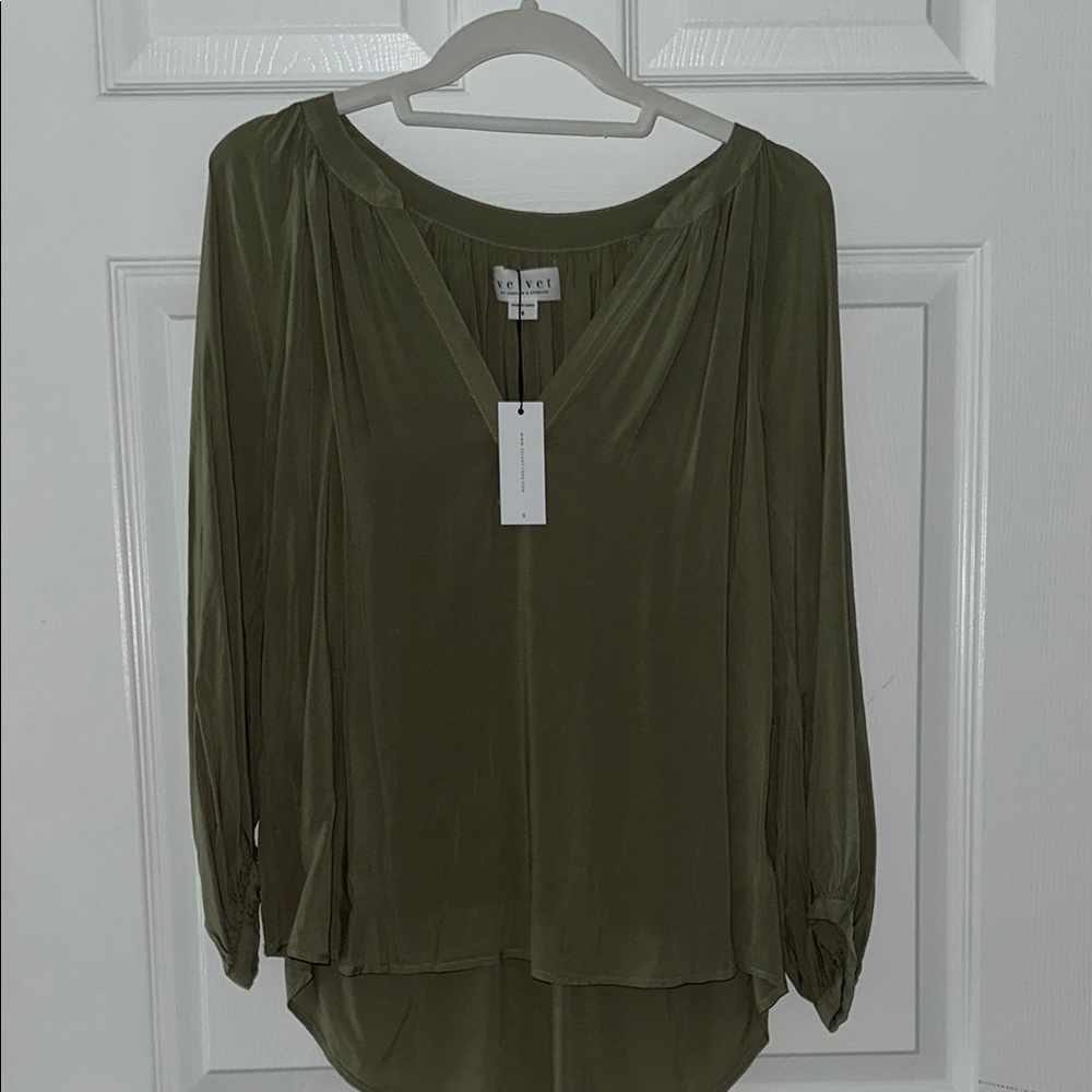 Velvet Green Asymmetrical 3/4 Sleeve Blouse